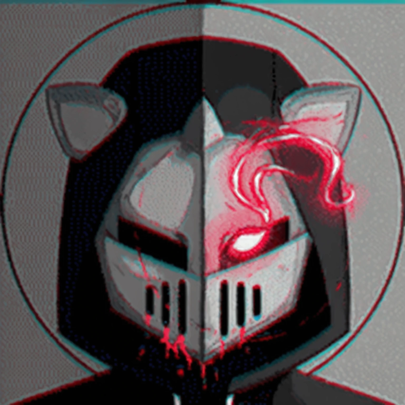 1homme, pull a capuche relever, masque a oreille de chat avec yeux droit noir et yeux rouge gauche illuminée, sur fond gris avec particule noir,