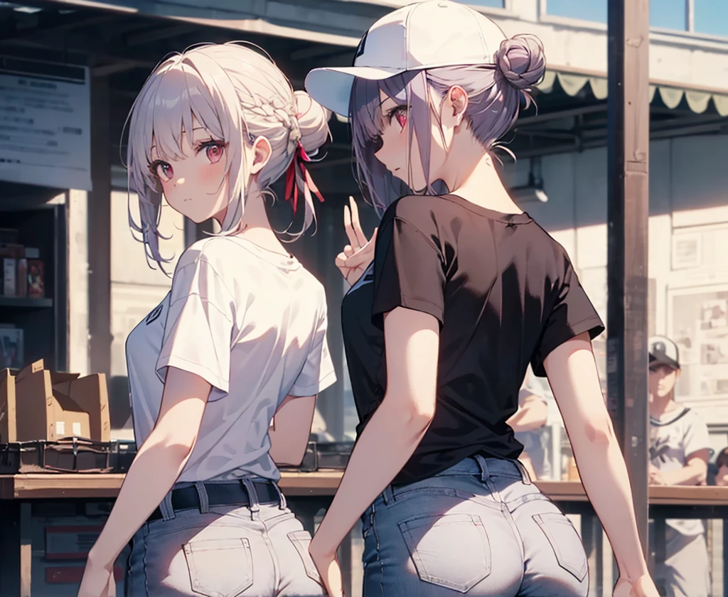 (Close-up:1.3),Realistic,Highest quality, Super detailed, High-quality CG rendering, The most delicate and beautiful, Floating softly, High resolution, (1 girl), (Highest quality,4K,8K,masterpiece:1.2), Light purple hair,(Hair in a bun:1.5),Red eyes,(Pure white oversized short sleeve T-shirt:1.3),(Black skinny jeans:1.3),(Pure white baseball cap:1.3),In the old town,old buildings,(Turn your back to your audience:1.3),Butt