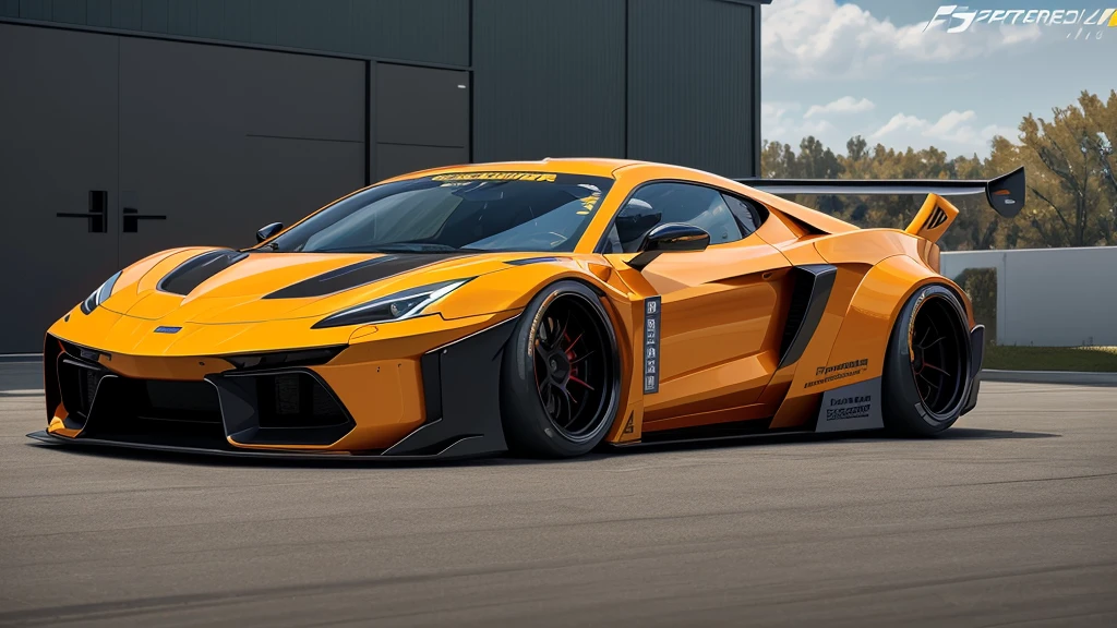 Supercar-forza game ready design, wide body, custom design build, cinematic, wide angle, studio light, tactical bodywork for supreme aerodynamics
