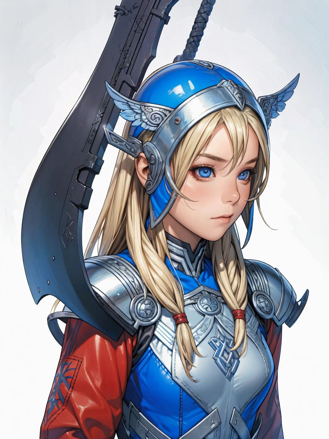 1 futuristic viking girl, female Thor, blonde hair with two braids, Helm with wings, blue colored eyes, leather armour, gray clothes, Red clothing, Dark clothes, noble lady, burglar, fancy, short clothing, warrioress, using a viking war hammer