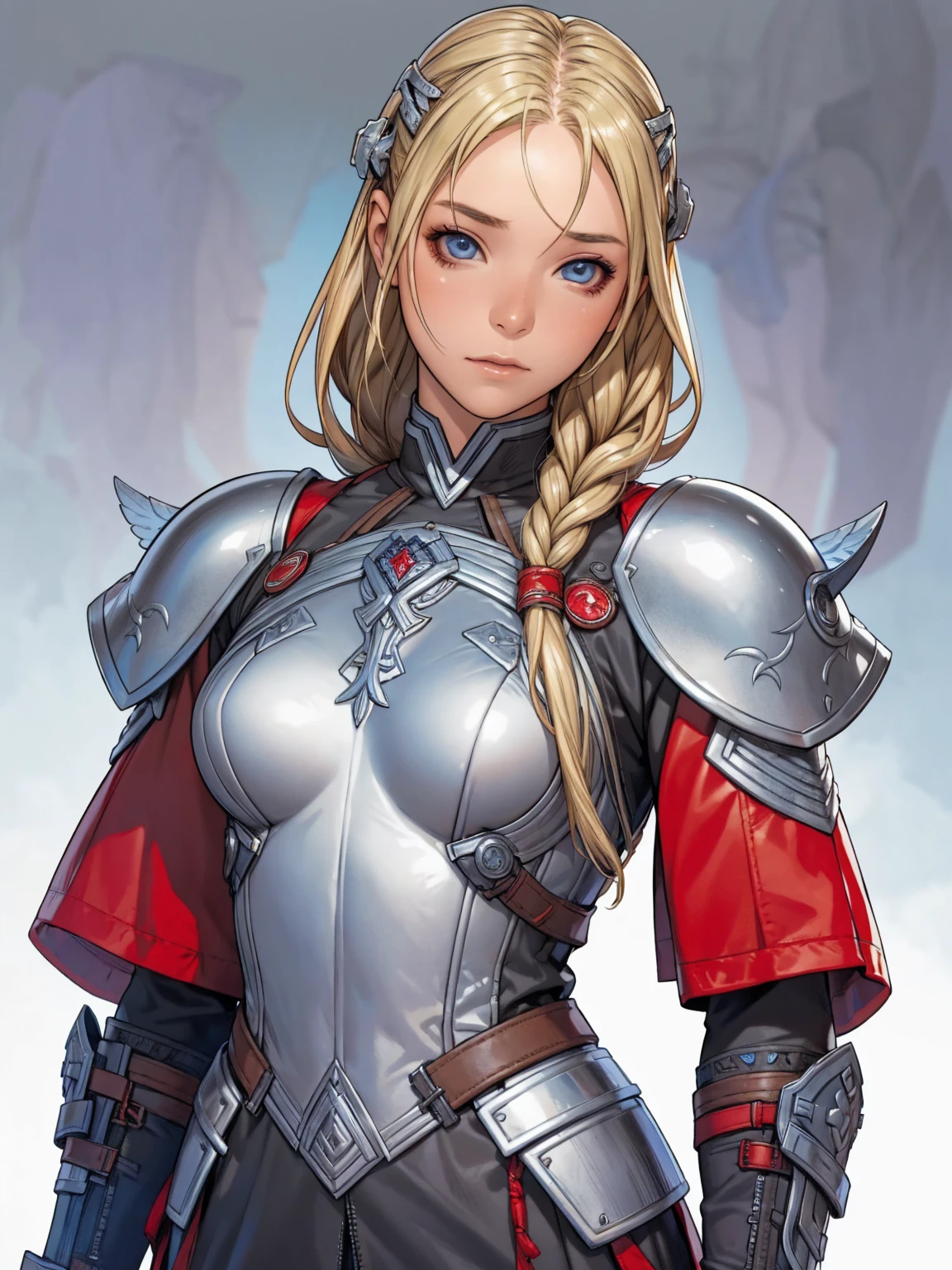 1 futuristic viking girl, female Thor, blonde hair with two braids, Helm with wings, blue colored eyes, leather armour, gray clothes, Red clothing, Dark clothes, noble lady, burglar, fancy, short clothing, warrioress, using a viking war hammer