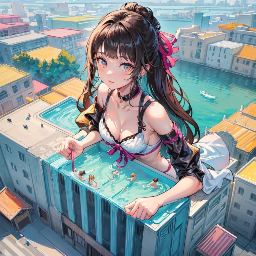 ((Top view)) ((giant girl)) ((giantess)) ((Tall Woman)) ((ビルの屋上に座っているSwimwearを着た巨大な女)) Adult women Woman in her 20s ((car)) ((telephone pole)) masterpiece Unreal Engine Anime Style Delicate painting 4K 90's giant Multiple Girls crowd Residential Street Japanese house Swimwear Black Hair smile female giant giant girl Whole body cars Crowd Unreal Engine,cleavage ,a drawing of a , earrings, long hair, 1980s (style) Cute picture Beauty Analog style whole body sneakers