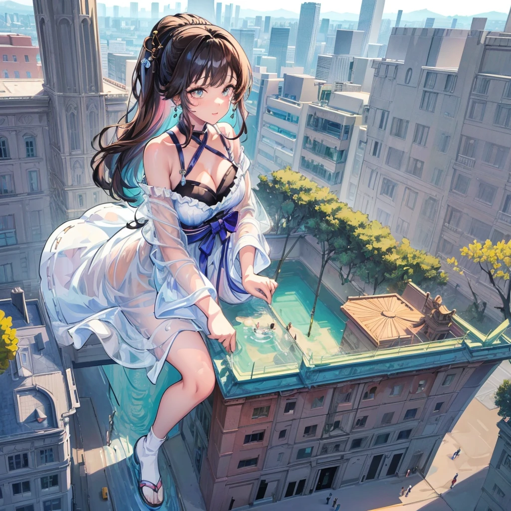 ((Top view))　((giant girl))　((giantess))　((Tall Woman))　　((ビルの屋上に座っているSwimwearを着た巨大な女))　Adult women　Woman in her 20s　((car))　((telephone pole))　　masterpiece　Unreal Engine　Anime Style　Delicate painting　4K　90's　giant　Multiple Girls　crowd　Residential Street 　Japanese house　　Swimwear　Black Hair　　smile　female giant giant girl Whole body 　 cars Crowd Unreal Engine,cleavage ,a drawing of a , earrings, long hair, 1980s (style) Cute picture　Beauty　Analog style　whole body　sneakers　