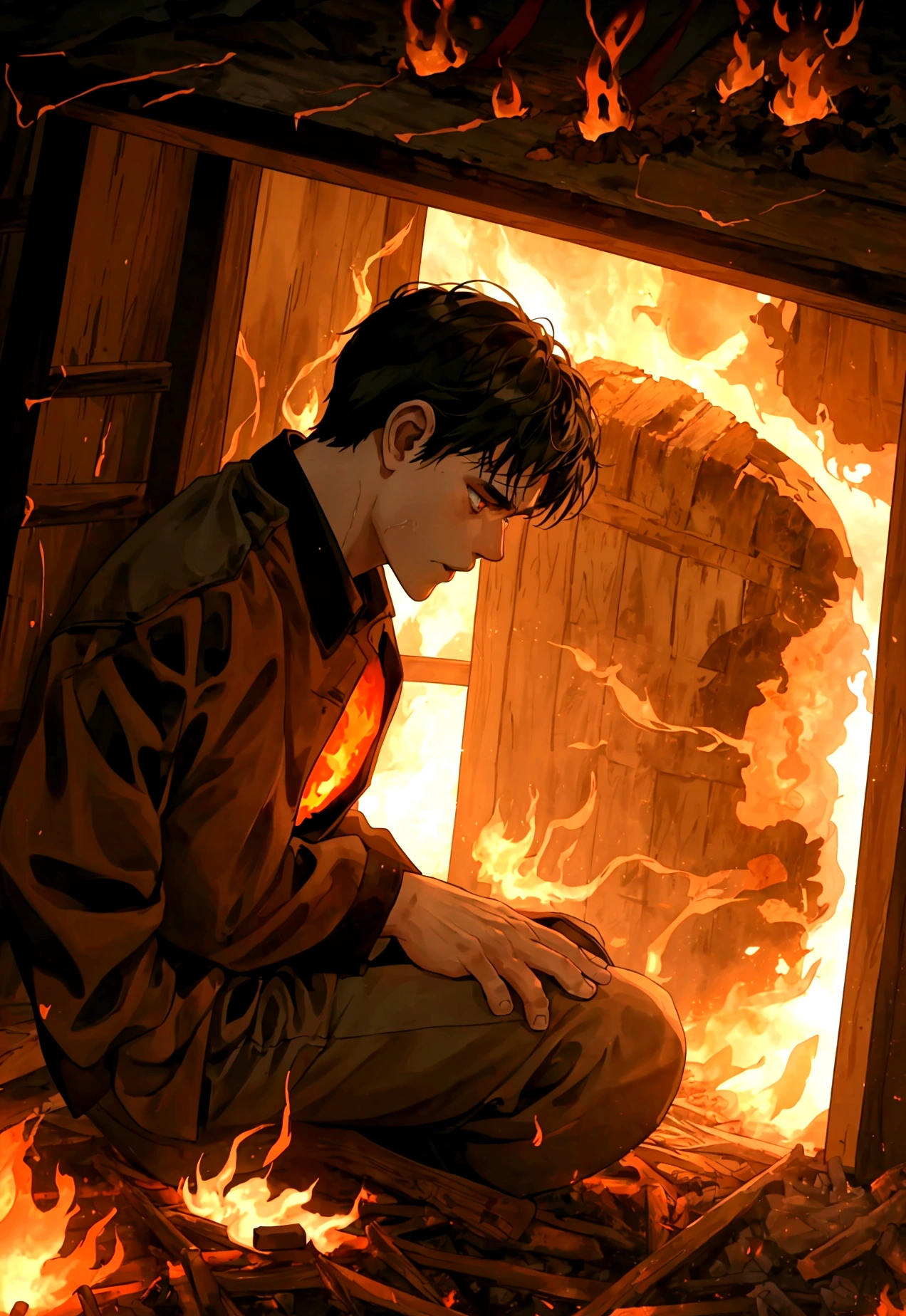 “The man on his knees, his face illuminated by the intense flames of his burning hut. His expression is a heart-wrenching mixture of anger, despair, and disbelief. The fiery scene is depicted with dramatic, rich colors and dynamic lighting, reflecting the emotional intensity of a Studio Ghibli climax.”