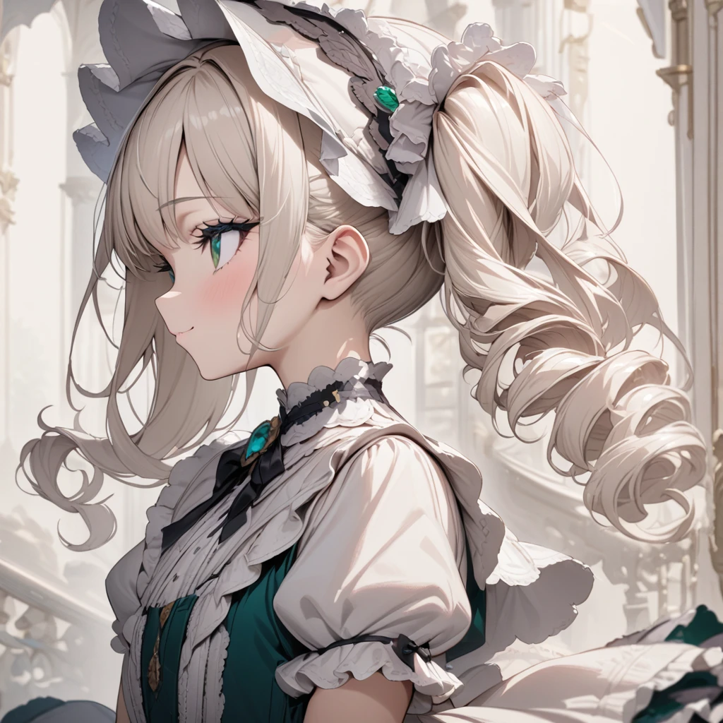 Platinum Blonde hair,curls,(emerald green eyes),long eyelashes,(light pink victorian dress),puffy short sleeves,frilled dress,wide brimmed Bonnet with bows,bustshot,masterpiece,highress,soft smile,bishoujo,peterpan collar,profile,white accents,white trim,white frills,curly side ponytail,solo