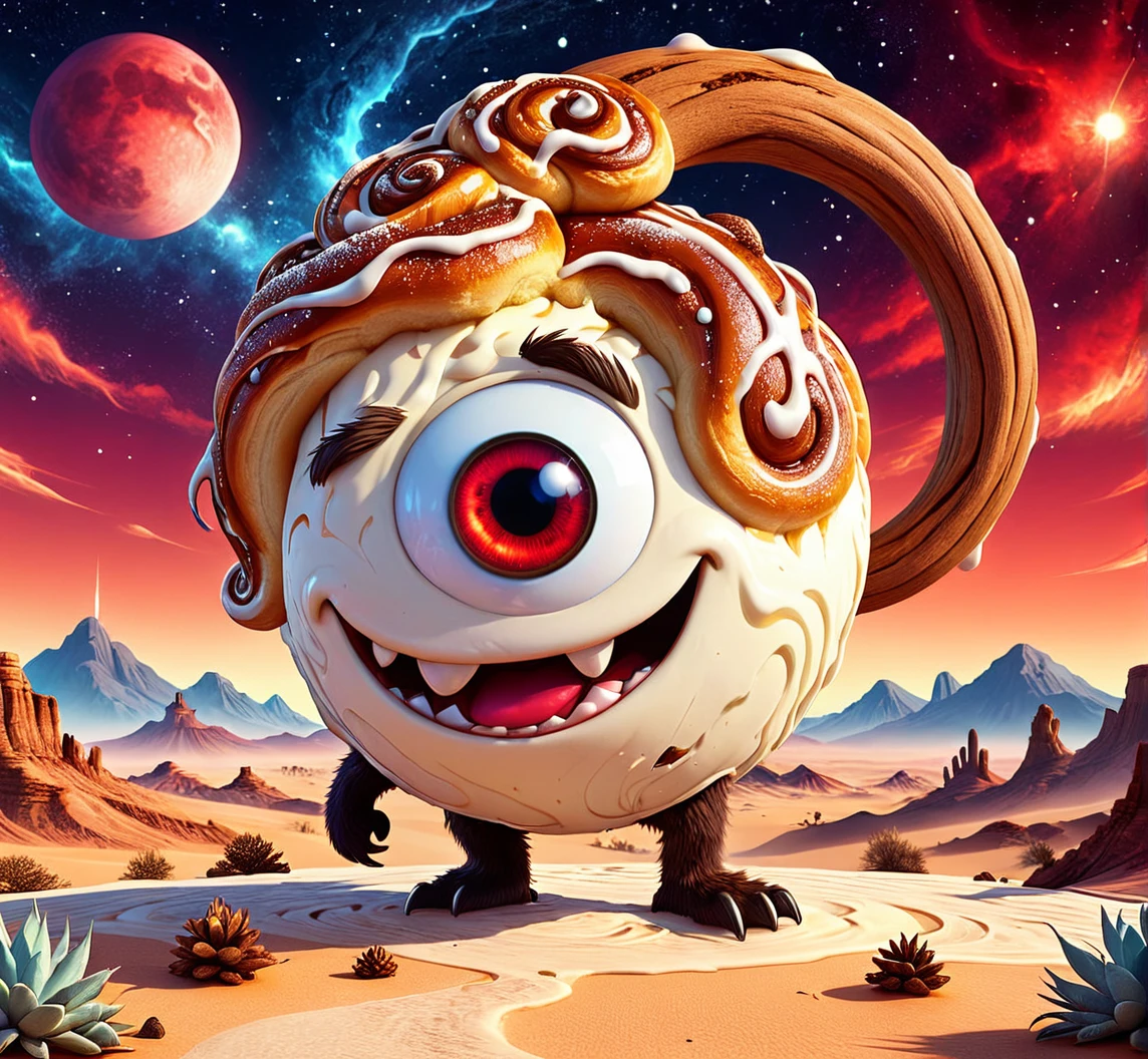 Maple Vanilla Cinnamon Bun Monster, Circle Eye, Red Eye, Angry and Mad, Desert, Space sky, 2010s French Animation illustration, 3D 2010s animation nature wallpaper