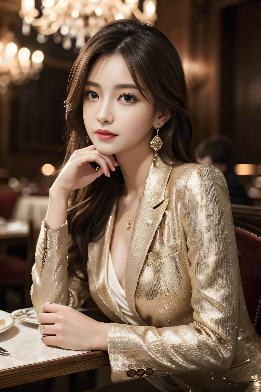 masterpiece, Highest quality, Realistic, Very detailed, Finer details, High resolution, 8k wallpaper, One beautiful woman,Wear a nice suit, In a great restaurant, At night, Light brown messy hair, Perfect dynamic composition, Beautiful and beautiful eyes、Big earrings、Sit on a chair