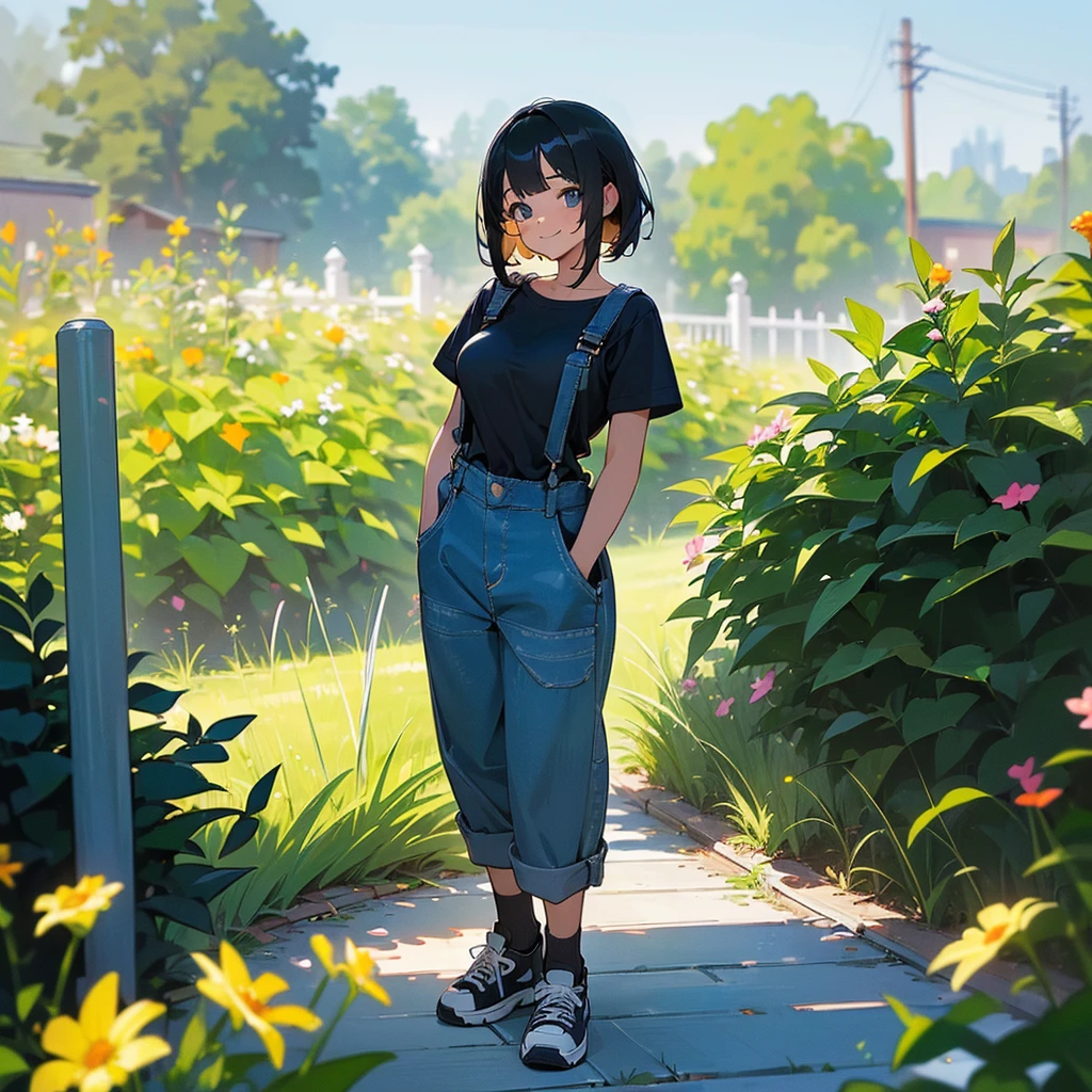 (high quality, High resolution, Very detailed, reality:1.37), Peaceful atmosphere, (Outdoor, garden), Teenage girl standing alone, (my breasts are big.), Beautiful details, Cute Smile, (Black bob hair), Short sleeve shirt, Overalls, Blue socks, sneakers.