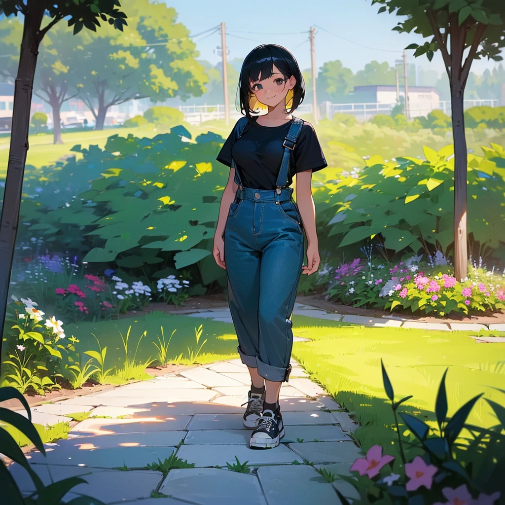 (high quality, High resolution, Very detailed, reality:1.37), Peaceful atmosphere, (Outdoor, garden), age girl standing alone, (my breasts are big.), Beautiful details, Cute Smile, (Black bob hair), Short sleeve shirt, Overalls, Blue socks, sneakers.