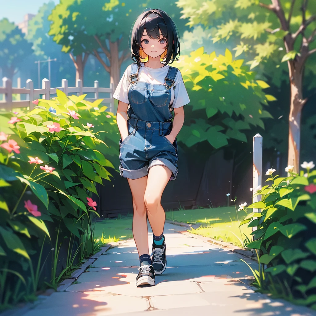 (high quality, High resolution, Very detailed, reality:1.37), Peaceful atmosphere, (Outdoor, garden), Teenage girl standing alone, (my breasts are big.), Beautiful details, Cute Smile, (Black bob hair), Short sleeve shirt, Overalls, Blue socks, sneakers.