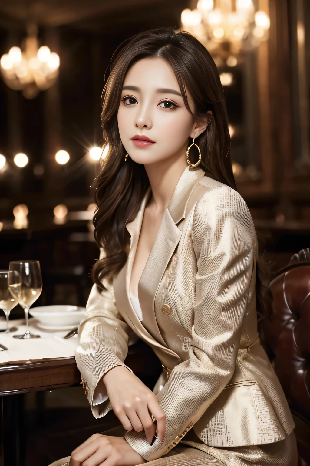 masterpiece, Highest quality, Realistic, Very detailed, Finer details, High resolution, 8k wallpaper, One beautiful woman,Wear a nice suit, In a great restaurant, At night, Light brown messy hair, Perfect dynamic composition, Beautiful and beautiful eyes、Big earrings、Sit on a chair