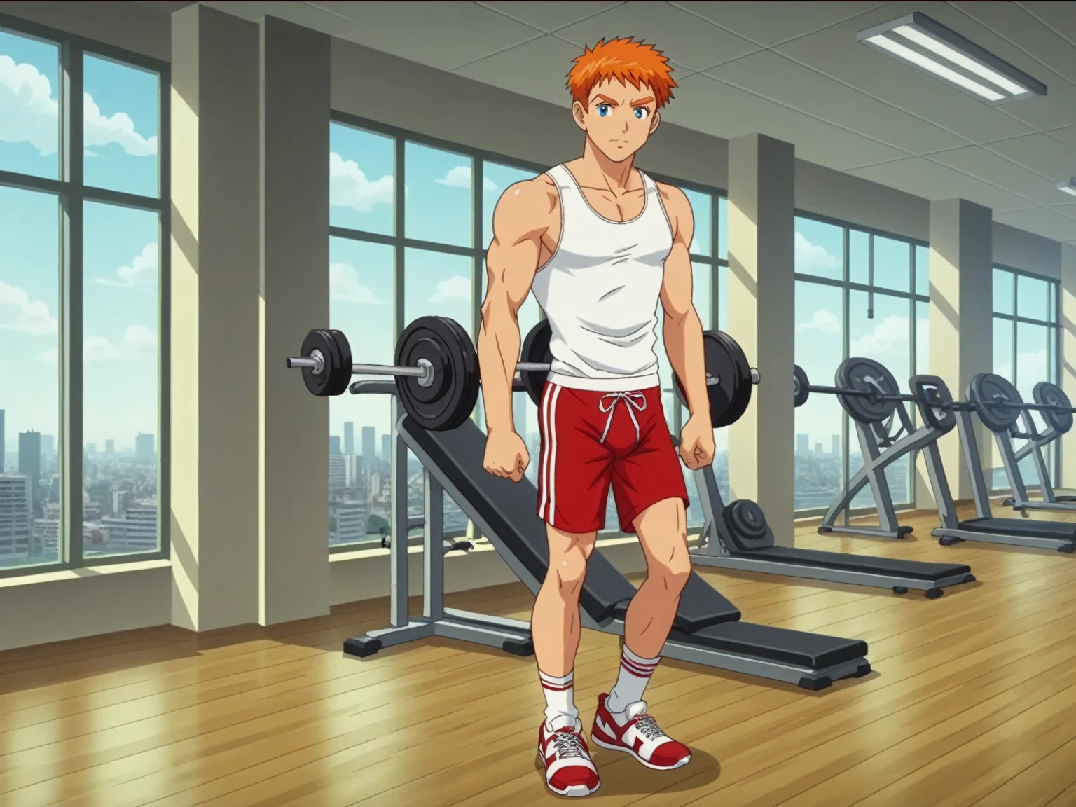score_8_up, score_7_up, BREAK, screencap, 1boy, solo, male, Jason Hightower, orange hair, age, full body, short hair, blue eyes, black eyelids, orange eyebrows, white boxer briefs, boxer shorts, red gym knee length shorts, white ankle socks, white and red sneakers, indoors, large fitness center, new york city, walls, world center hotel, fitness, stationary bicycles, treadmill, weightlifting, barbells, exercise machine, gym doors, windows, buildings, midtown, cloud, blue sky, sunny, pose, smartphone, smartphone case, reebok pump, powerade, looking at viewer, standing up, 2000s (style)