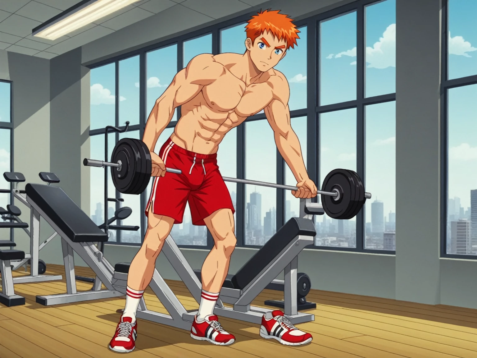 score_8_up, score_7_up, BREAK, screencap, 1boy, solo, male, Jason Hightower, orange hair, teenage, full body, short hair, blue eyes, black eyelids, orange eyebrows, white boxer briefs, boxer shorts, red gym knee length shorts, white ankle socks, white and red sneakers, indoors, large fitness center, new york city, walls, world center hotel, fitness, stationary bicycles, treadmill, weightlifting, barbells, exercise machine, gym doors, windows, buildings, midtown, cloud, blue sky, sunny, pose, smartphone, smartphone case, reebok pump, powerade, looking at viewer, standing up, 2000s (style)