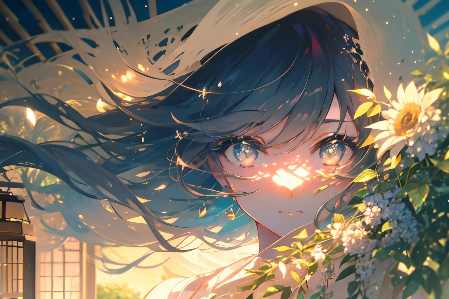Create exquisite illustrations reminiscent of Makoto Shinkai's style, It has ultra-fine details and top-notch quality. Create a high-quality illustration depicting a beautiful girl relaxing on the veranda of a traditional Japanese house during summer, listening to the sound of wind chimes. The scene should evoke a sense of nostalgia and tranquility, with intricate details and a dreamy atmosphere. The girl's features should be beautifully rendered, capturing her serene and content expression. The veranda should include elements like wooden flooring, traditional sliding doors, and the gentle sway of wind chimes. The warm summer light should cast a soft glow over the scene, enhancing the nostalgic and peaceful feel. Every element should be meticulously crafted to immerse the viewer in a nostalgic and enchanting summer moment. best quality, masterpiece, expressive eyes, gorgeous, vivid, perfect face, smile, happyness, 2eyes, emotion, detailed pupils, vivid pupils,stunning, life, relfection, peace, warm, compsition, artistic, 4k, wallpaper, bonnet, wind, glowing eyes