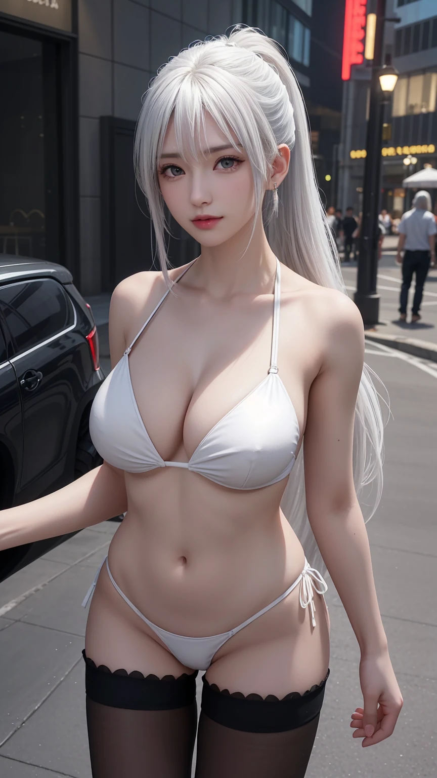 ((Huge breasts)),((Black bikini,Swimsuit)),(full-body shot),((masterpiece, 最high quality, Photorealistic and Very detailed CG integrated 8k wallpaper, high quality, Very detailed, Narrative Poems, Particle Effects, dynamic effect, Writing border depth, light, lens flare, Ray Tracing, Anatomically accurate)), fantasy, 1 beautiful woman, (((Neon))), Clear eyes, Long hair, Pretty Face, serious, 緻密でbeautiful eyes, ((night,City)), ((Ponytail,Long hairがwindでなびく, Long hairが跳ねる, Long hairがwindで踊る)), hair jump, Jewelry, beautiful eyes, Silver earrings, wind, Peaceful and beautiful,((White hair))