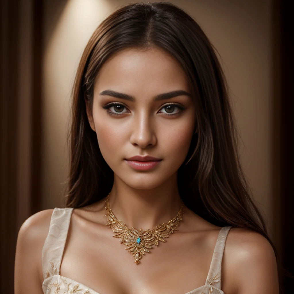 a beautiful detailed portrait of a young woman, detailed facial features, piercing eyes, lush lips, symmetrical face, delicate skin, long flowing black hair, elegant jewelry, soft lighting, intricate background, oil painting style, warm color tones, photorealistic, 4k, best quality, masterpiece.