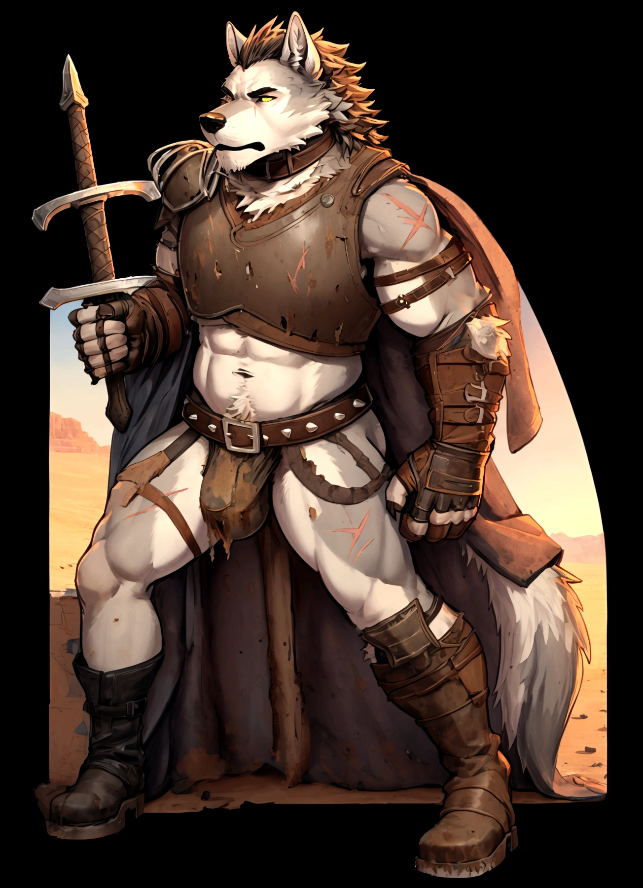 Solo Sexy young anthro furry wolf male mercenary medieval solider, slim endomorph muscular, anthro handsome gay shorter muzzle, handsome gay model male apperance, sword scars, worn out leather skimpy armament, low on hips heavy leather belt, old very worn out skimpy dirty linen material jockstrap, old yellow dirty worn out stains on white sawn jockstrap, very visible "x" brown seam pattern on the jockstrap, studded skimpy armlets breastplate armor, skimpy breastplate, leather bondages, fingerless leather gloves, smelly unwashed furr, dirty body look, desert battlefield, standing in sexy fighting position, close view of full character