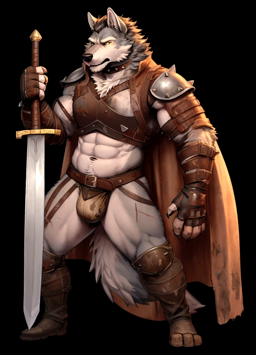 Solo Sexy young anthro furry wolf male mercenary medieval solider, slim endomorph muscular, anthro handsome gay shorter muzzle, handsome gay model male apperance, sword scars, worn out leather skimpy armament, low on hips heavy leather belt, old very worn out skimpy dirty linen material jockstrap, old yellow dirty worn out stains on white sawn jockstrap, very visible "x" brown seam pattern on the jockstrap, studded skimpy armlets breastplate armor, skimpy breastplate, leather bondages, fingerless leather gloves, smelly unwashed furr, dirty body look, desert battlefield, standing in sexy fighting position, close view of full character