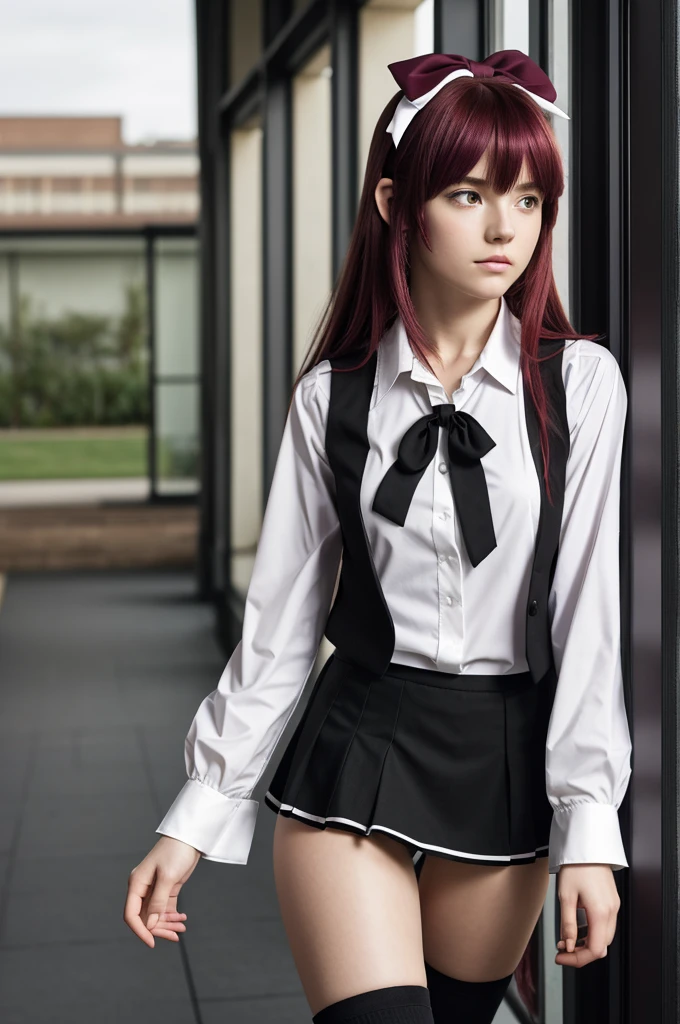 2D anime screenshot. 14 year old girl. Long brown red and white hair with bangs on the forehead. White wolf ears and tail. Magenta green eyes. White skin. White long-sleeved collared shirt. A small black bow on the neck of the shirt. A black vest with white buttons that shows the part of your neck with the bow. The vest unified with a black skirt. Cloth gloves cut at the fingertips. Black stockings footwear. Small black boots. In the background the hallways of a school. The girl looking out the window watching the sky.