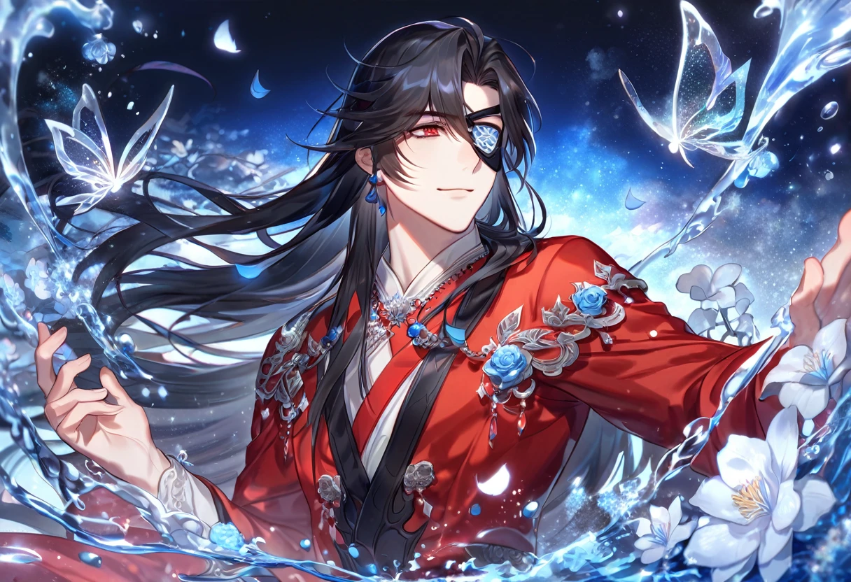 absurdres, highres, ultra detailed, HDR, master piece, Hua Cheng, black long hair, expressive red eye, black eye patch on his let eye, Heaven Official's Blessing, sexy man, handsome, best quality, blue moon, flowers, fantasy, magical, solo, water, blue shining fireflies, blue petals, red clothes, handsome smile, silver small butterflies, silver dust