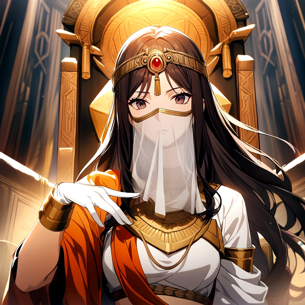 1girl, long hair, dark hair, ancient civilization clothes, white glove, mouth veil, throne background, game cg