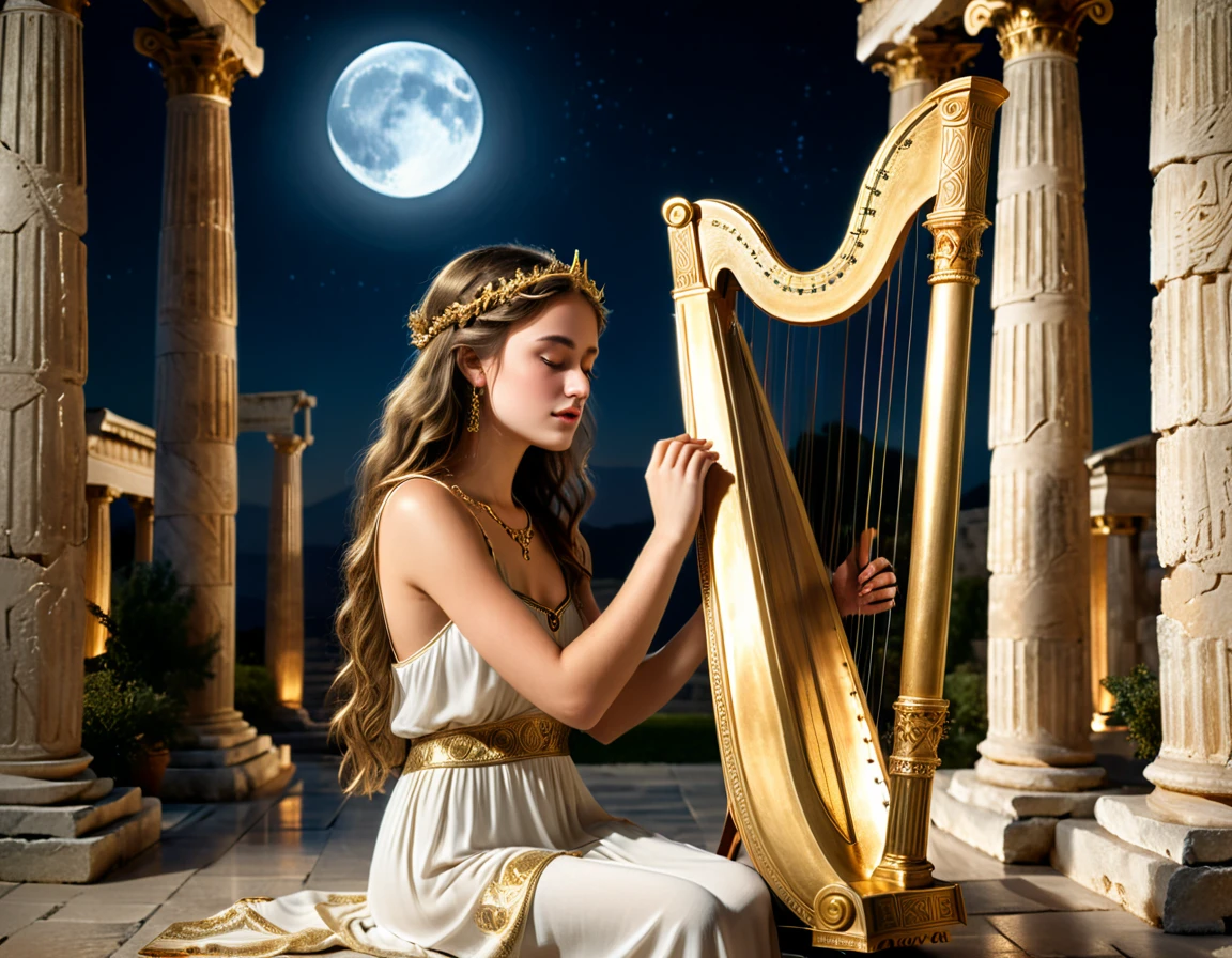 a young priestess, sitting, she places a harp larger than herself in front of him and plays it, playing a large lyre, ancient Greek temple, late at night, inside the temple it is (dark:1.3) and there is (no lighting:1.2), the moonlight shines in at an angle, shining a faint light on her., highly detailed, photorealistic, realistic lighting, intricate architecture, ornate decorations, cool color palette, golden accents, soft fabric textures, mesmerizing expression, elegant pose, cinematic composition, natural lighting, realistic shadows, mystical atmosphere, hyperrealistic, award-winning art