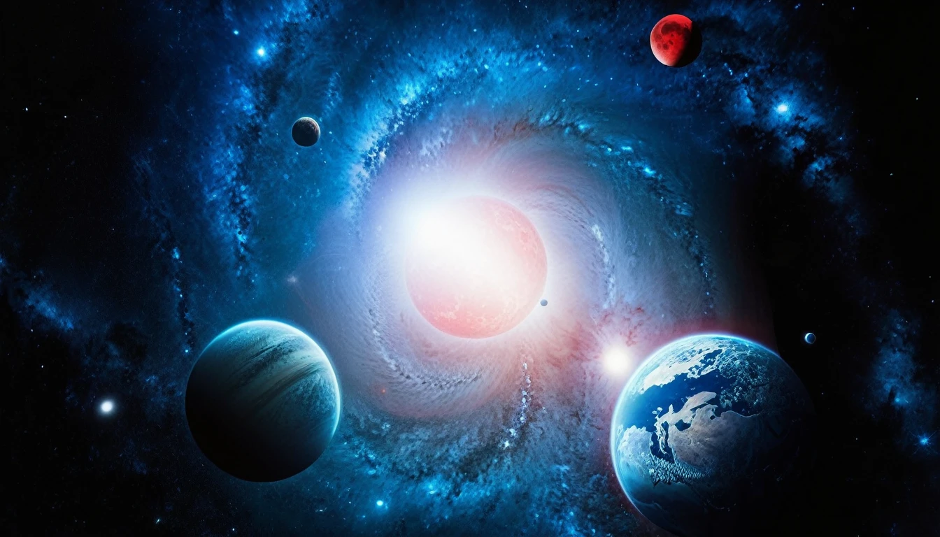 a close up of a Galaxy with two planets and a red moon, planetas e Galaxys, universe life significance, Galaxy space sci - fi, space Galaxy, outer space, space photography, creation of the universe, space, humanity as cosmic structure, space photo, cosmic space, planet in space, the mid-journey multiverse, realistic space, universe, Galaxy, beautiful space