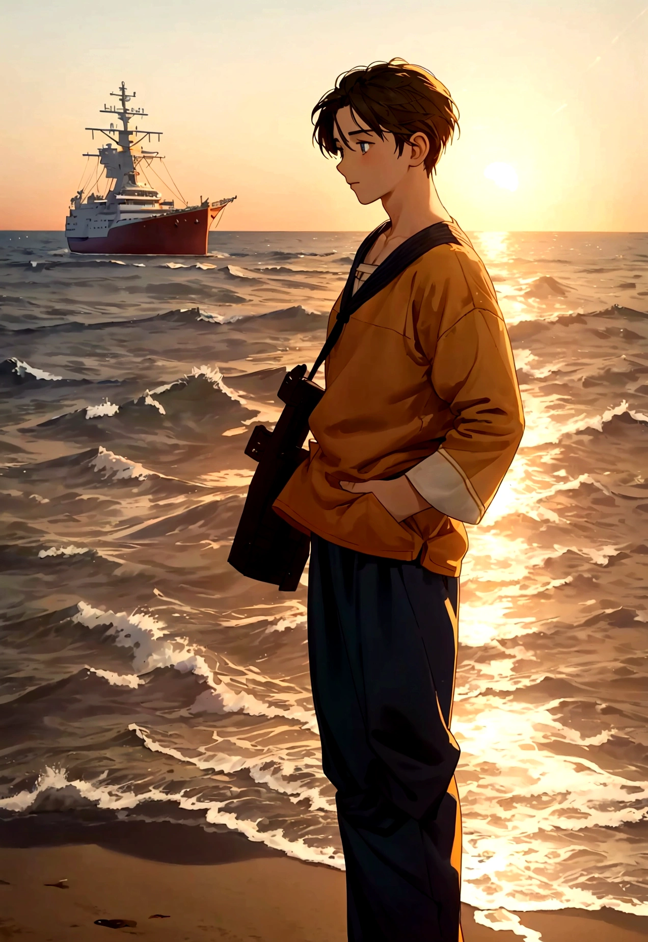 “As the first rays of dawn break over the horizon, they reveal a large ship anchored off the coast of the island. The man stands on the beach, his eyes wide with astonishment and hope. The morning light paints the scene in warm, golden hues, evoking the magical realism of a Studio Ghibli moment of discovery.”