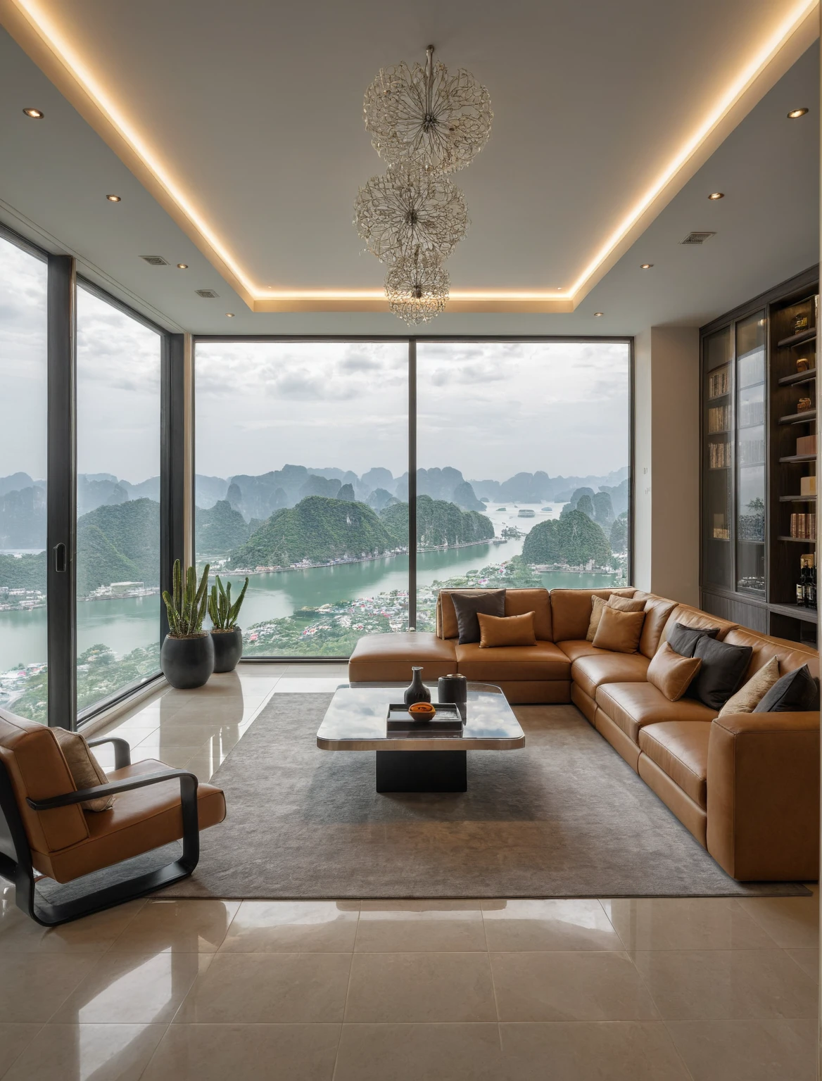 Raw photo,Masterpiece, high quality, best quality, authentic, super detail, interior, livingroom style modern, day light, light brown sofa, white tile floor, tea table, carpet, tray, armchair, wine cabinet, books, glass cabinet doors, halong bay view window, downlight, chandelier