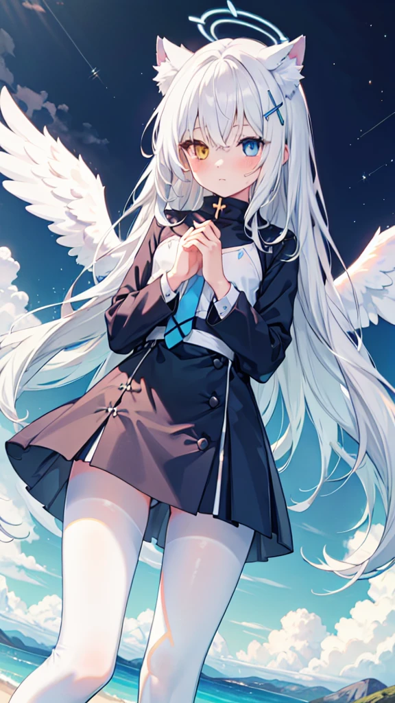 White hair,Long hair,Cat ear,Heterochromia blue-yellow,female face,There are bright spots in the eyes,Female hands,White little hands,Normal fingers,flat chest,Solitary,blue halo,On an island in the sky,night,Angel Wings,White pantyhose,