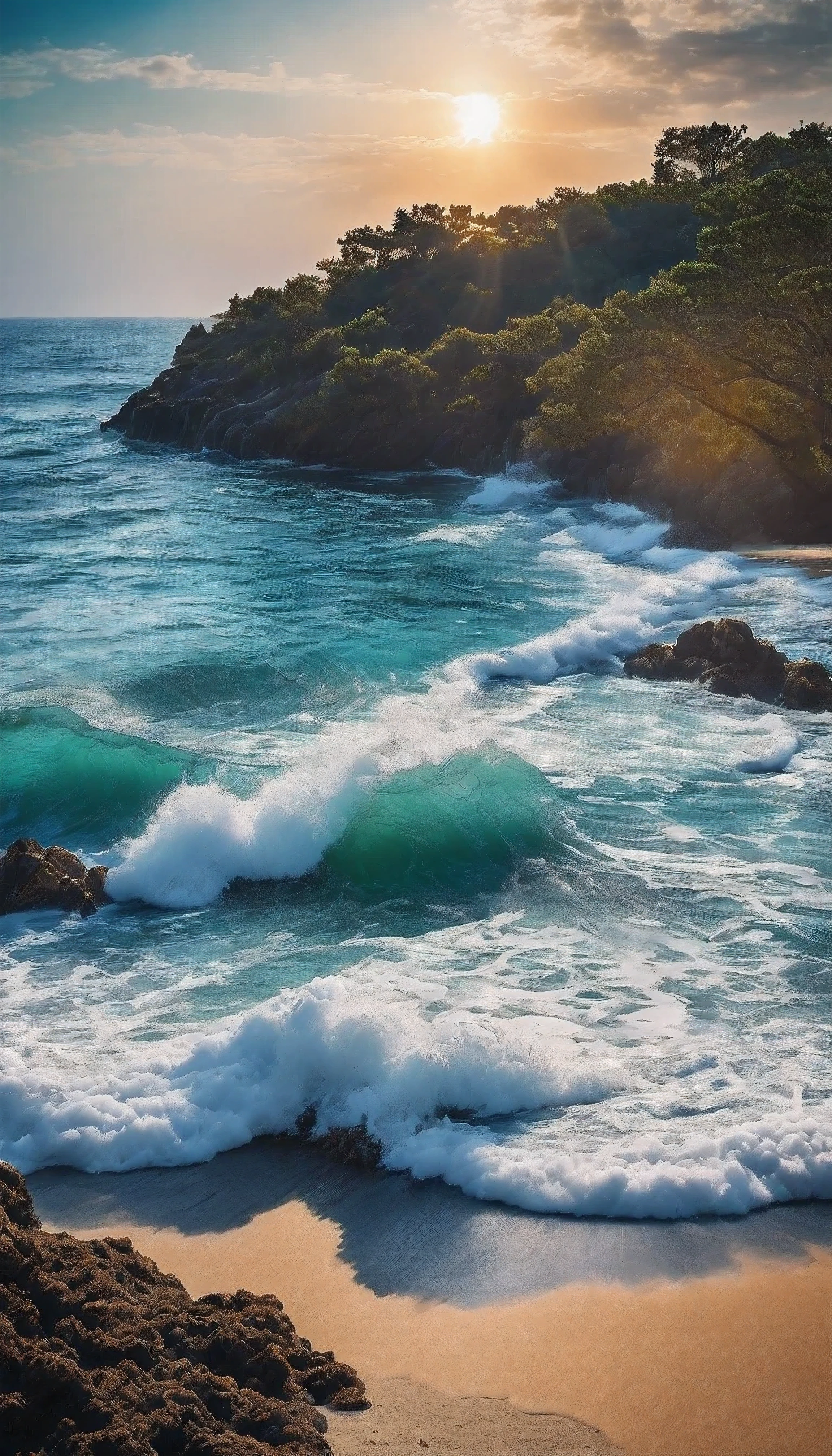 A beautiful beach view , sea view , intricate sea waves , morning time , 