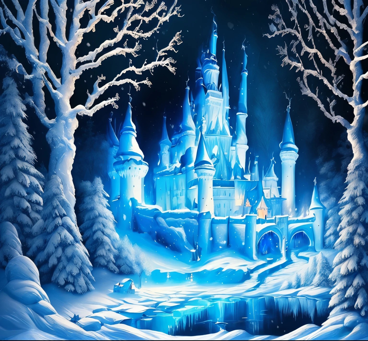 (masterpiece:1.2), (Highest quality,:1.2), 8K, High resolution, Super detailed, ((Realistic)), Professional Light, Cinema Lighting, Fashion Photography, Ambient Lighting, ice, Spooky castle on a magical lake, Snow Scene, Dark forest in the background, Epi C Photo