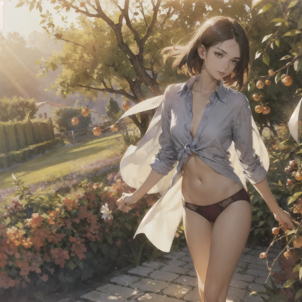 Exquisite, slender, delicate girl with a perfect gentle face of the southern type (with short dark burgundy hair) with freckles (with ruby earring) in the rays of the rising sun, naked with tender bare breasts with pink swollen nipples ((barefoot)) ((in an unbuttoned open burgundy shirt over a naked body and in small burgundy panties)) (on the veranda in the garden) Drinks (coffee) and looks at the flowers, in watercolor style, discreet light shades, Flares, (imitation of film photography), against the sun, a lot of sun glare, light fills the frame, olive and grape groves, strong wind, Brick Road, high image quality, Maximum detail, sunset lighting, Warm evening shades, (warm golden and olive sunset light), big space eyes, olive and grape groves, Brick Road, ((brick house, coffee, coffeeйные чашки, coffeeйник))