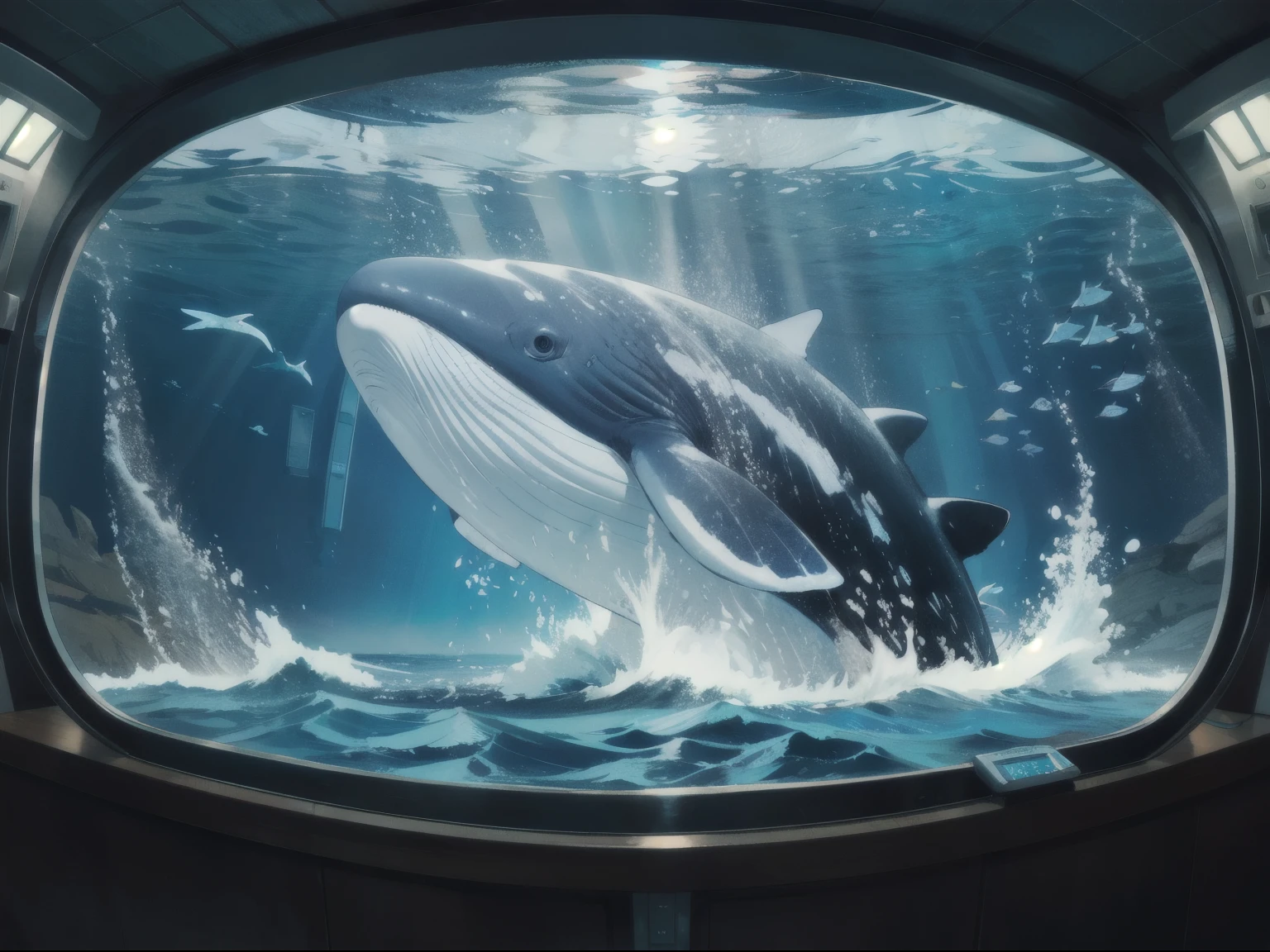 a huge quality WHALE at the bottom of the sea with several fish swimming plasma glows coming out of the huge whale with quality and texture image only from inside the sea, fully detailed whale, fully detailed sea