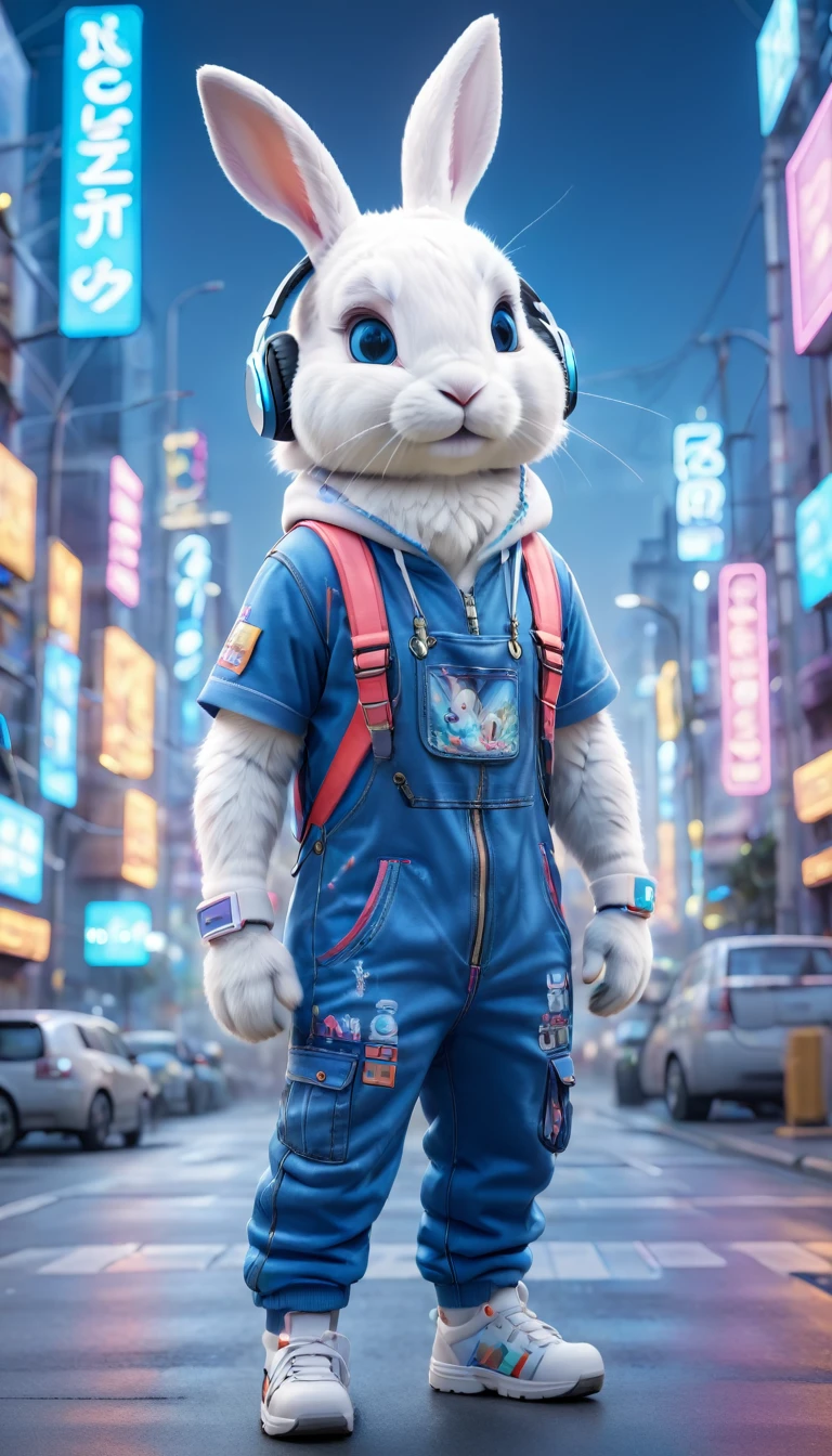 Cute white rabbit dressed in urban clothing, wearing a blue t-shirt and overalls, wearing headphones, standing on the road in a hi-tech cityscape with neon lights and holographic signs. Background has a modern, cyberpunk, hi-tech feel. Adorable digital painting, 3D rendering, bright lighting, vibrant colors.