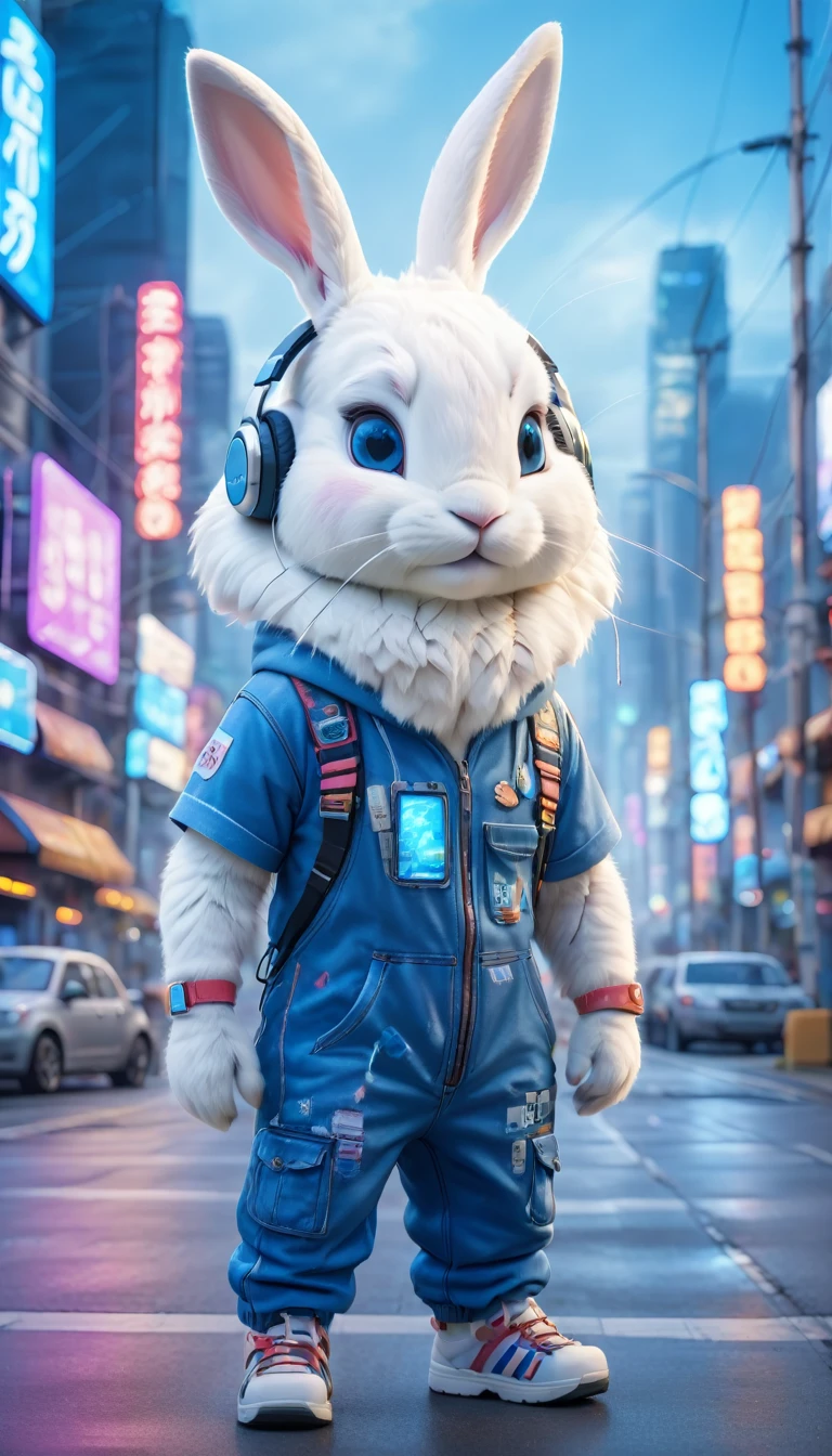 Cute white rabbit dressed in urban clothing, wearing a blue t-shirt and overalls, wearing headphones, standing on the road in a hi-tech cityscape with neon lights and holographic signs. Background has a modern, cyberpunk, hi-tech feel. Adorable digital painting, 3D rendering, bright lighting, vibrant colors.