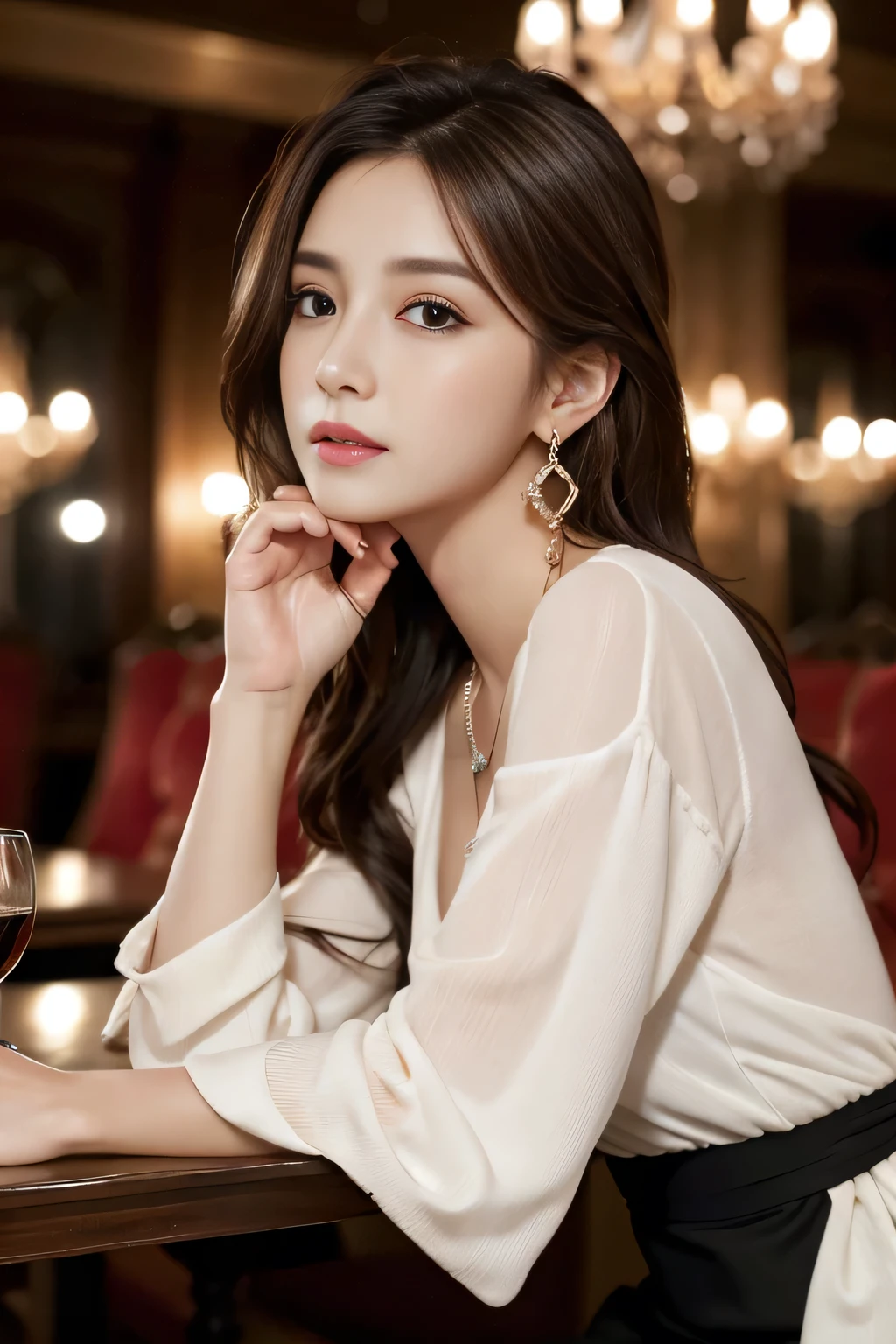 masterpiece, Highest quality, Realistic, Very detailed, Finer details, High resolution, 8k wallpaper, One beautiful woman,Wear a nice suit, In a great restaurant, At night, Light brown messy hair, Perfect dynamic composition, Beautiful and beautiful eyes、Big earrings、Sit on a chair