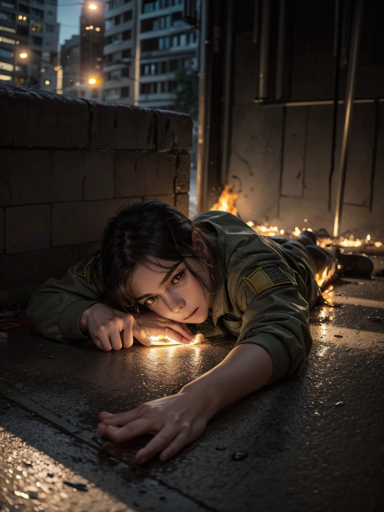 Injured soldier lying on the ground, city on fire, late afternoon, chuva leve