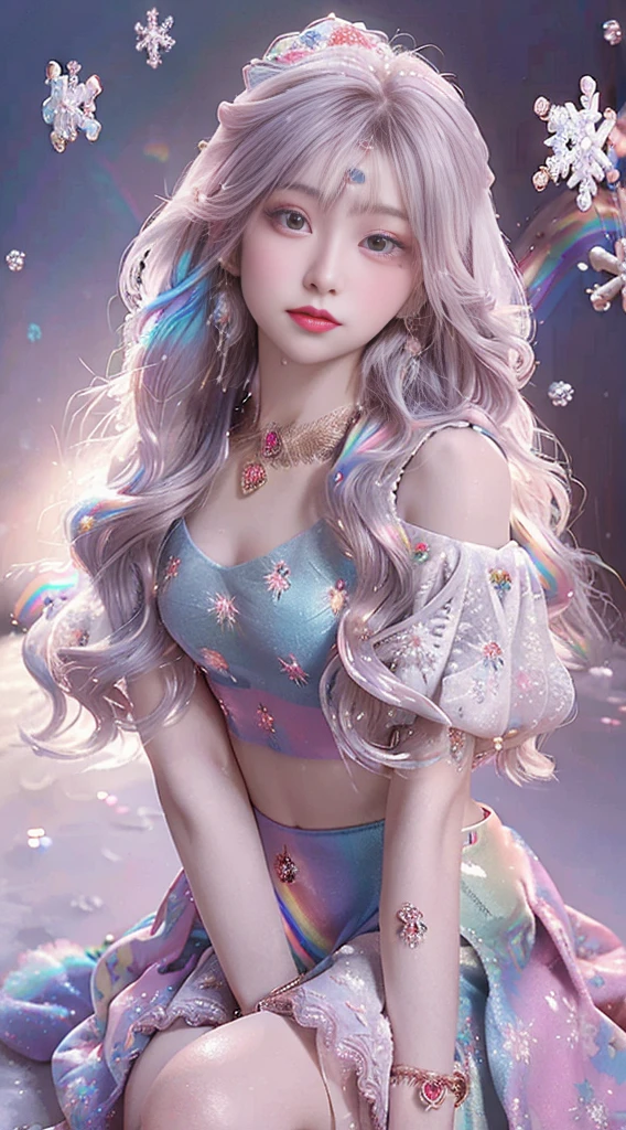 8K, masterpiece, 1 girl, Pretty Face, Very long hair, Light makeup, Delicate eyes, Delicate lips, Small bust, Winter Clothing, Rainbow Skirt, (Wearing Jewelry:1.8), (Rainbow Lace:1.4), ((Snowflakes falling:1.4)), sit,