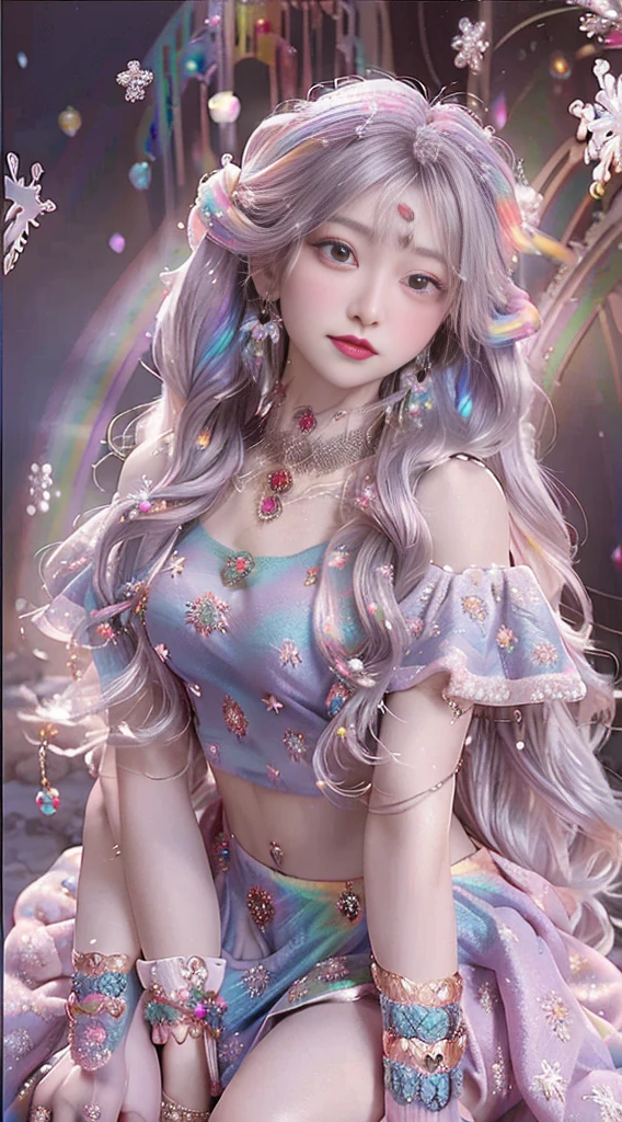 8K, masterpiece, 1 girl, Pretty Face, Very long hair, Light makeup, Delicate eyes, Delicate lips, Small bust, Winter Clothing, Rainbow Skirt, (Wearing Jewelry:1.8), (Rainbow Lace:1.4), ((Snowflakes falling:1.4)), sit,