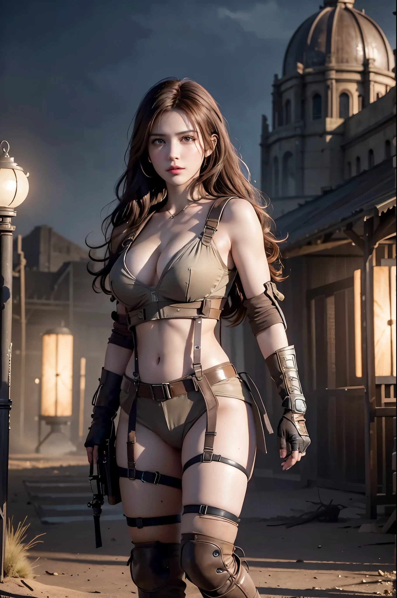 super fine illustration, ultra high resolution, masterpiece, highest quality, perfect lighting, detailed lighting, dramatic shadow, ray tracing, 1 Femail warrior, solo, cute face, Big breasts, exposed cleavage, beautiful detailed hazel eyes, sharp face, clear eyes, long bang, ((medium curly hair:1.2)), blonde hair, ((post-apocalyptic fiction)), ((desert:1.2)), ((desert battle suit)), ((military harness)), world of the Mad Max, Resident Evil Series, full body, from below,