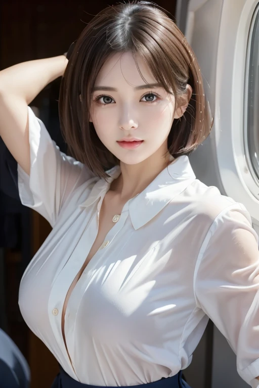 masterpiece, One beautiful girl, Detailed eyes, Swollen eyes, Highest quality, 超High resolution, (reality: 1.4), Original photo, One girl, Cinema Lighting, Japanese, Asian Beauty, Korean, Very very beautiful, Beautiful skins, thin, Front facing body, (超reality的な), (High resolution), (8k yen), (Very detailed), (Best illustrations), (Beautiful and detailed eyes), (Ultra-detailed), Detailed face, Looking at the audience, Look straight ahead, Neat Clothing, No sleeve、Put your hair up、Black-haired、Medium Breast、46 point diagonal bangs、White background、Clean room、(Stewardess uniform、In-flight、pantyhose、Laughter、chest sticks out、The blouse is very tight、Her breasts are stretching her blouse tightly、The buttons on my blouse are about to fly off、Breast bulge is noticeable、Nipples are visible