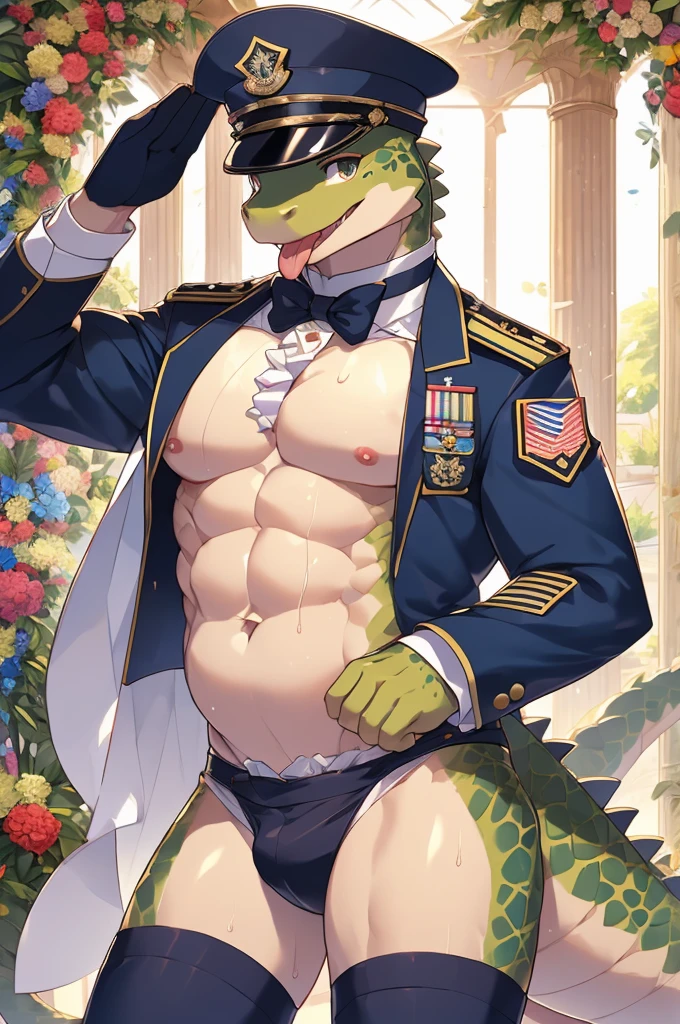 Highest quality、Sexy Baby Lizardman、Skimpy、Shota、maleの子、male、Sweat、Embarrassing、Gay、Triumphal Parade、cute、Knee-high socks、frilled choker、Obscene language、Showing tongue、toplesagazine cover style illustration、bow tie、salute、military cap、Get a tip、Belly button style military uniform、navy