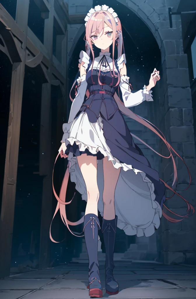 [(cathedral background:1.4)::5],original,(illustration:1.1),(best quality),(masterpiece:1.1),(extremely detailed CG unity 8k wallpaper:1.1), (colorful:0.9),(mid shot:0.95),(full body:1.5),Dynamic angle,(solo:1.2), (girl),((adult)), (detailed beautiful eyes:1.15), (beautiful face:1.15), (glowing red eyes:1.25////),((medium hair)),((split-color hair , red hair , light blue hair)),(high twintails),(chignon),(+perfect hand+:1.21),(Draw an illustration of a gothic girl),(Religious),(slender),(is wearing boots on her feet),((is wearing white maid clothes)),(furious), Lace Off-shoulder ta fashion,beautiful slender woman,high twintails,full body,mini skirt,((split-color hair , red hair , light blue hair)),