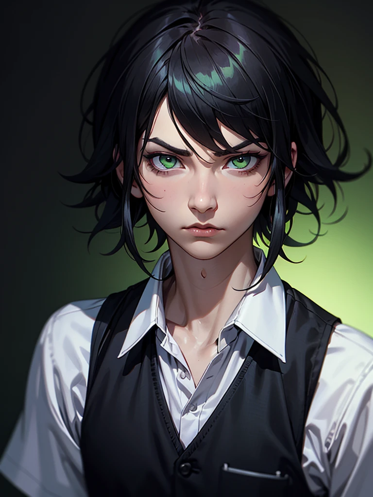 ((Portrait Photo)), He has a Youthful and Nonchalant Appearance, with a Slim Build and Calm Demeanor. He Expresses an Indifferent and Lazy Look, Giving Off an Aura of Seriousness. He has Light Green Eyes, and His Hair is Short and Tousled, Jet Black, with Strands Falling Around His Hace. He Wears Simple, Urban Clothing, with a Casual White Button-Down Shirt, Accompanied by a Black Vest. ((Portrait Photo, HDR, Dark Background))