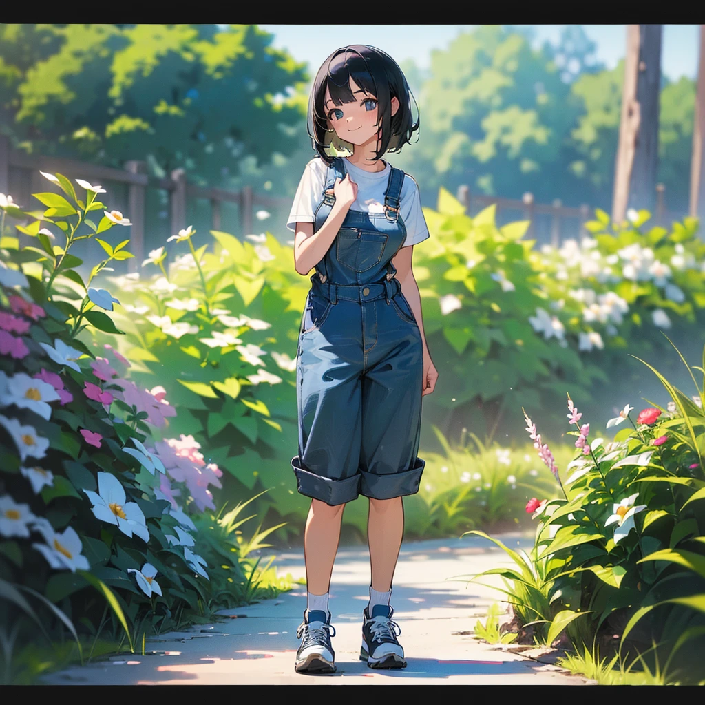 (high quality, High resolution, Very detailed, reality:1.37), Peaceful atmosphere, (Outdoor, garden), Teenage girl standing alone, (my breasts are big.), Beautiful details, Cute Smile, (Black bob hair), Short sleeve shirt, Overalls, Blue socks, sneakers.