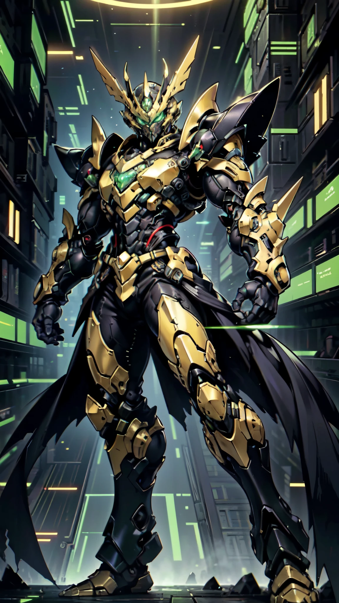 (masterpiece:1.5, best quality:1.5, extremely delicate:1.5, perspective:1.5, foreshortening:1.5, dynamic angle:1.5), a man wearing a full-face helmet, a fantasy-style biotech armored combat suit, green eyes, (a composite layered chest armor), fully enclosed shoulder guards, matching arm and leg guards, the belt is adorned with neon circuitry, (the color scheme is primarily black glow with green and red accents), the design balances heavy with agility, a high-tech bio-mecha armor, (Armor Concept Inspired by neon Cyberpunk, stand on the top of a skyscraper in a futuristic sci-fi city), this character embodies a finely crafted fantasy-surreal style armored hero in anime style, exquisite and mature manga art style, (battle damage, element, plasma, energy, the armor glows), ((male:1.5)), metallic, high definition, highres, ultra-detailed, ultra-fine painting, professional, perfect body proportions, golden ratio, anatomically correct, symmetrical face, extremely detailed eyes and face, high quality eyes, creativity, RAW photo, UHD, 32k, Natural light, cinematic lighting, masterpiece-anatomy-perfect