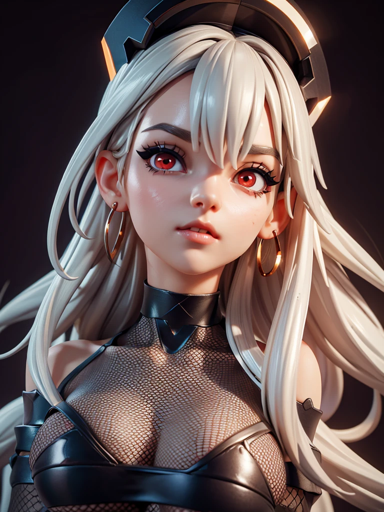 1 girl, xyzplexa, corona, (close up, head shot:1.2), pretty eyes, Red eyes, 3D rendering style, octane, Cycles, Alone, choker, horns,  earrings, big naked breasts,sexy long stockings 