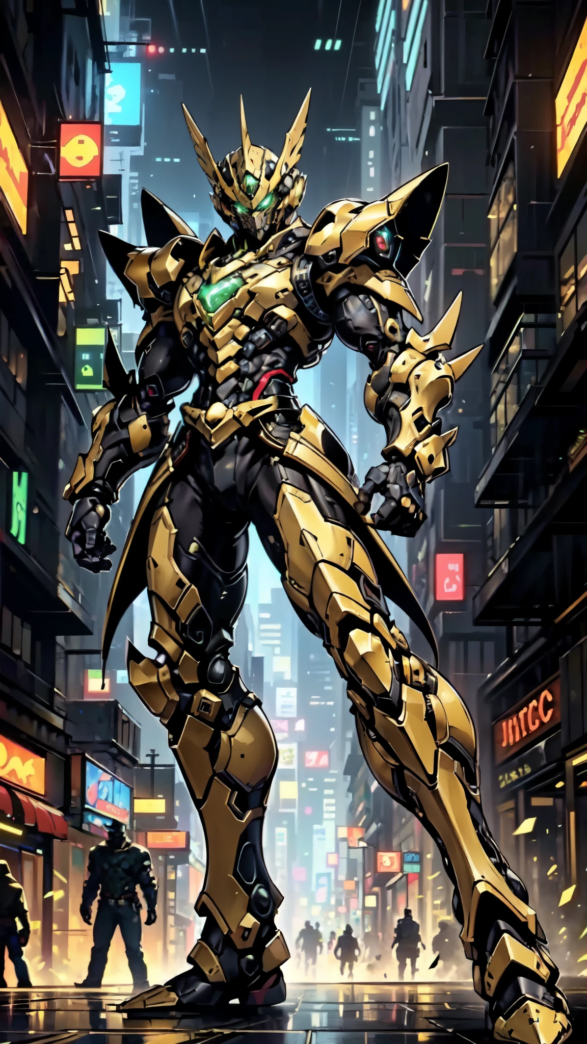 (masterpiece:1.5, best quality:1.5, extremely delicate:1.5, perspective:1.5, foreshortening:1.5, dynamic angle:1.5), a man wearing a full-face helmet, a fantasy-style biotech armored combat suit, green eyes, (a composite layered chest armor), fully enclosed shoulder guards, matching arm and leg guards, the belt is adorned with neon circuitry, (the color scheme is primarily black glow with green and red accents), the design balances heavy with agility, a high-tech bio-mecha armor, (Armor Concept Inspired by neon Cyberpunk, stand on the top of a skyscraper in a futuristic sci-fi city), this character embodies a finely crafted fantasy-surreal style armored hero in anime style, exquisite and mature manga art style, (battle damage, element, plasma, energy, the armor glows), ((male:1.5)), metallic, high definition, highres, ultra-detailed, ultra-fine painting, professional, perfect body proportions, golden ratio, anatomically correct, symmetrical face, extremely detailed eyes and face, high quality eyes, creativity, RAW photo, UHD, 32k, Natural light, cinematic lighting, masterpiece-anatomy-perfect