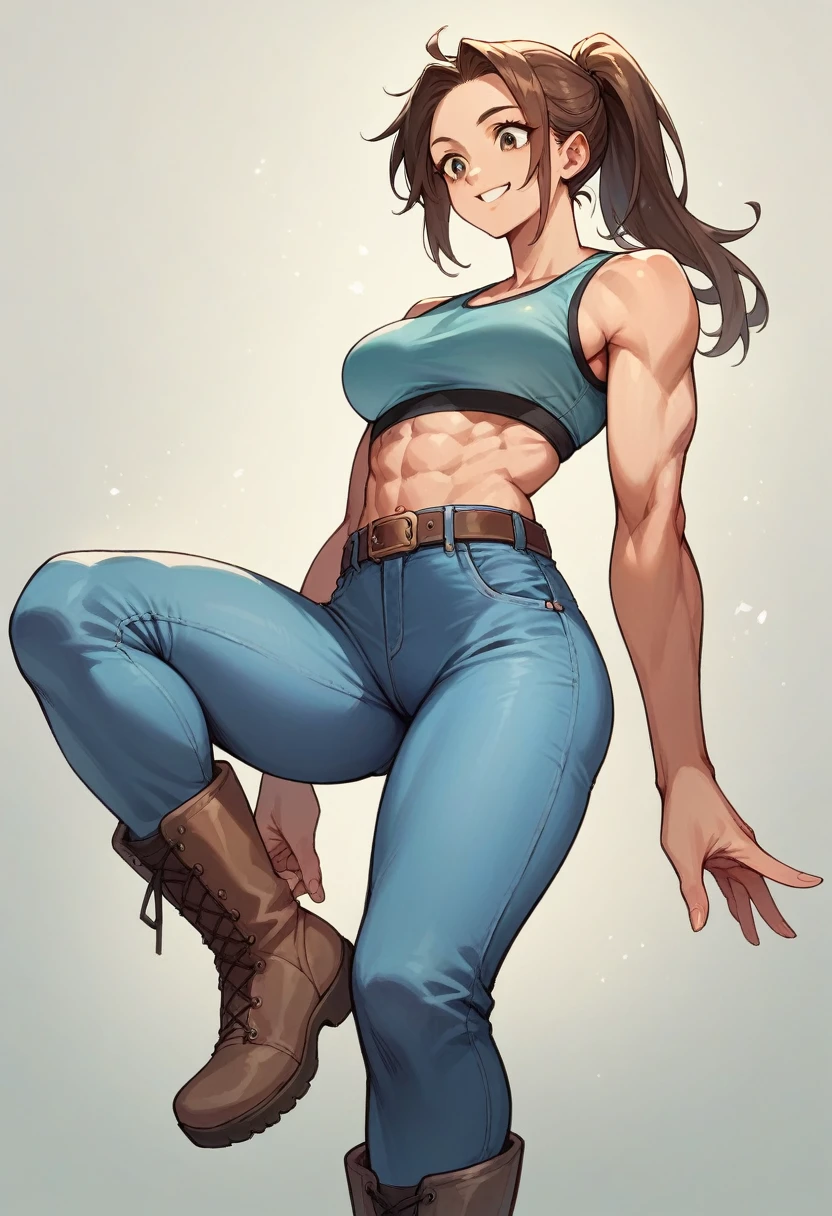high resolution,Light blue jeans,skinny,Brown belt,Sports Bra,boots,Muscular,Brown Hair,ponytail,Beauty,cute,smile,Looking down